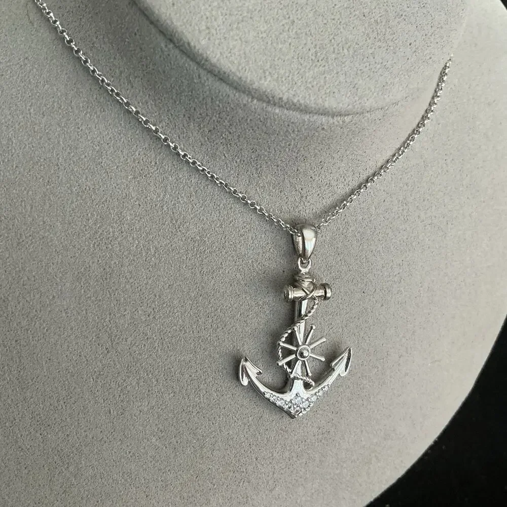 Beautiful Genuine Moissanite Anchor Pendant Necklace Solid 925 Sterling Silver